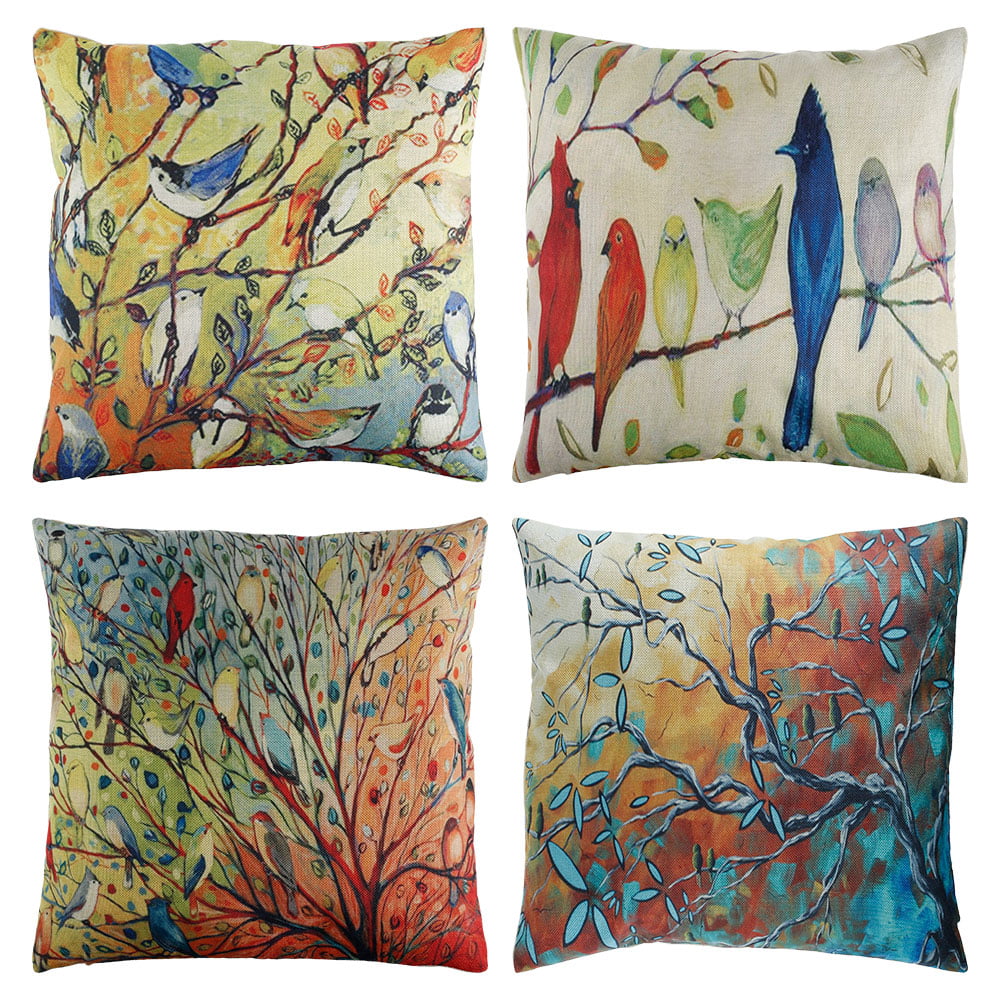 Fyeme 4 Pack Birds Throw Pillow Covers Spring Bird Paintings Pillow Case, Birds Stand on the Tree Branches Decorative Cushion Cases Home Decor for Couch Bed Sofa