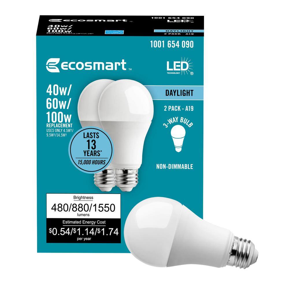 EcoSmart 40-Watt60-Watt100-Watt Equivalent A19 ENERGY STAR 3-Way LED Light Bulb in Daylight (4-Pack) A7A19A100WESP02