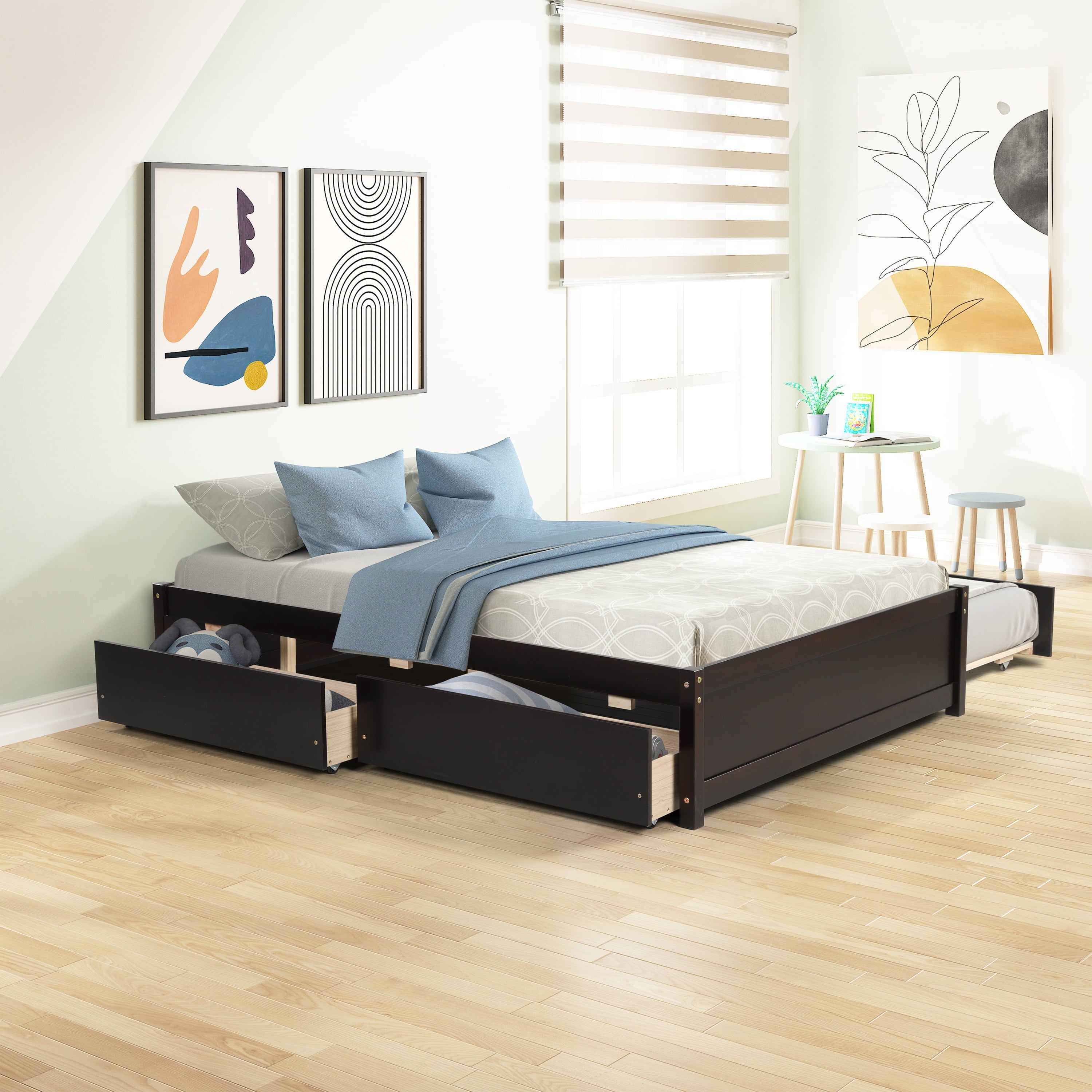 Ouyessir Full Size Platform Bed, Solid Wood Full Size Bed Frame with Twin Size Trundle Bed and 2 Storage Drawers,Storage Bed for Kids Teens Bedroom,No Spring Box Needed (Espresso)