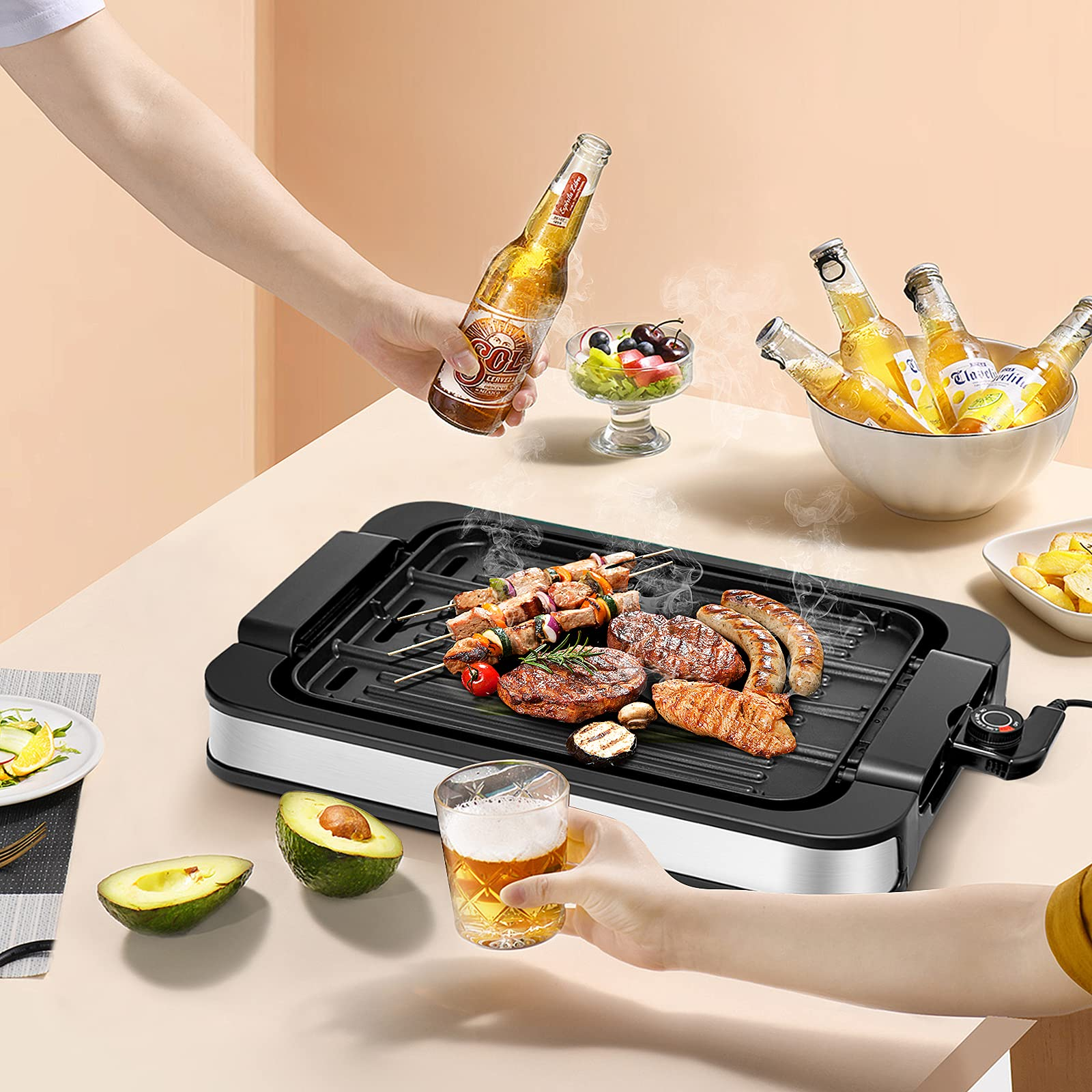 Costzon Indoor Smokeless Grill, 1500W Electric BBQ Griddle Contact Grilling with Removable Drip Tray