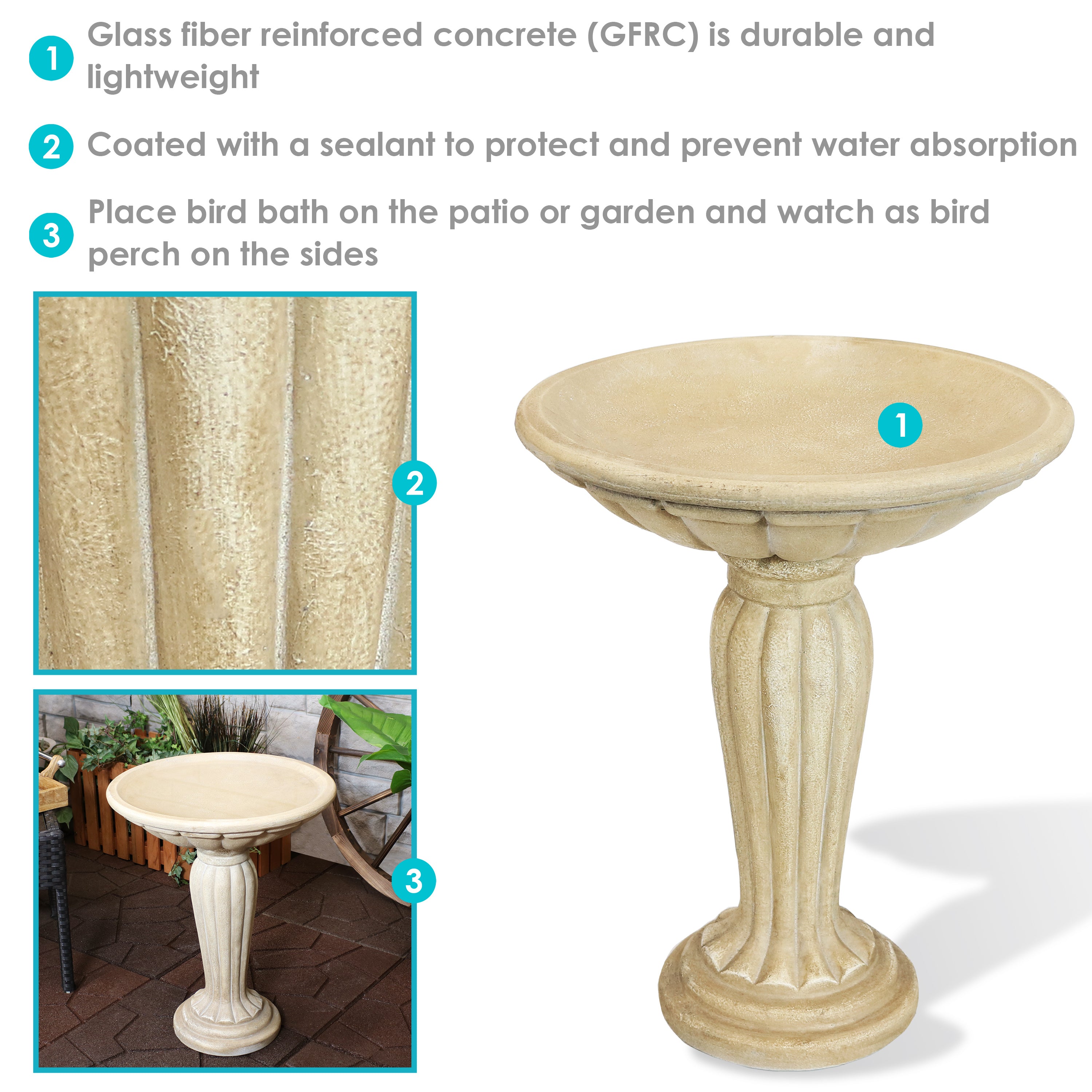 Sunnydaze Outdoor Glass Fiber Reinforced Concrete Patio Garden Grecian Column Style Bird Bath - 20" - White