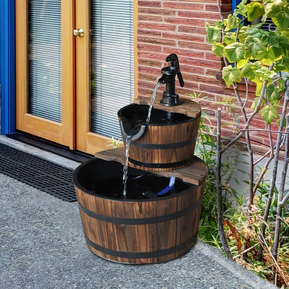 Outsunny Wooden Rustic Barrel Water Fountain with 2 Different Levels 844-096