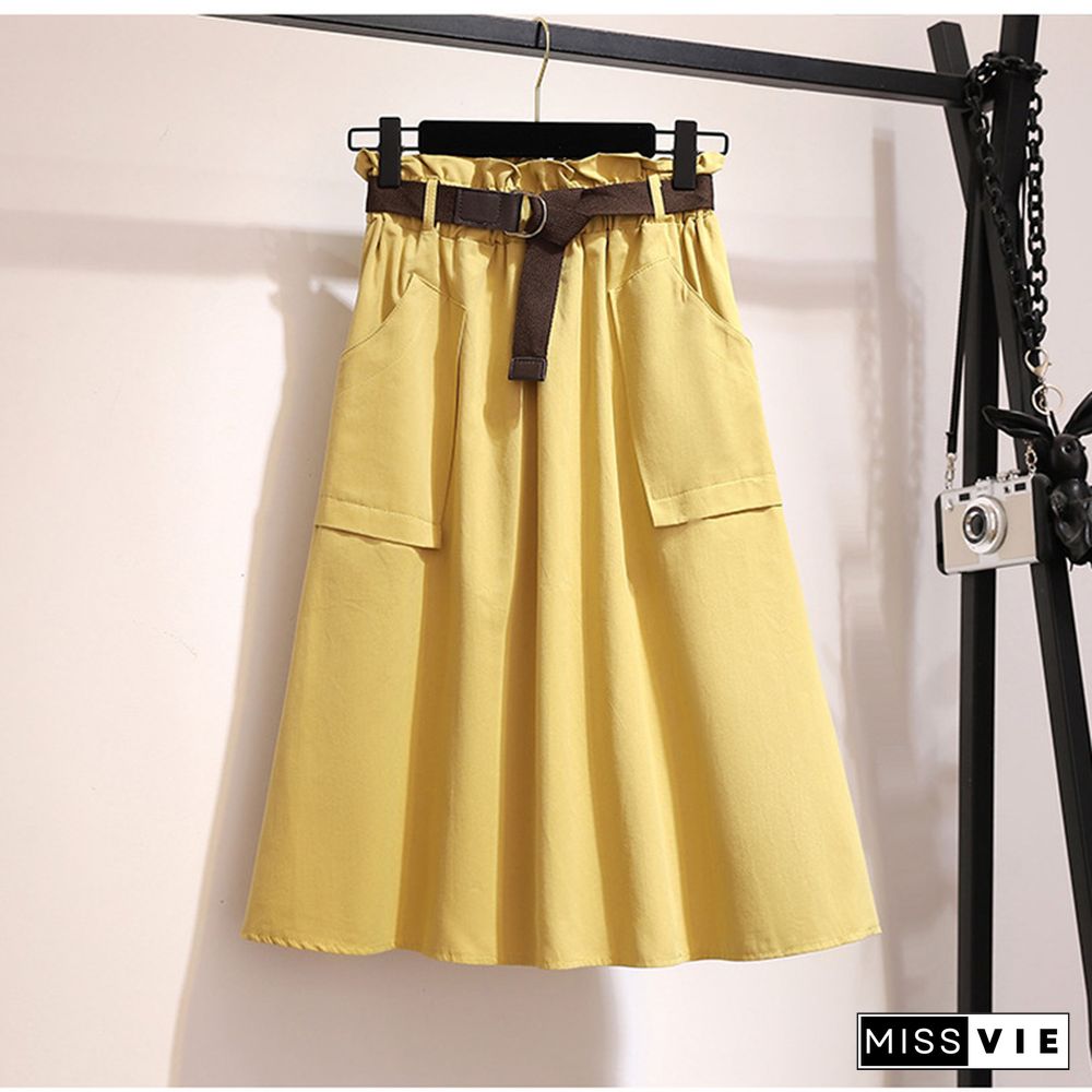 Midi Knee Length Summer Skirt Women With Belt Spring Casual Cotton Solid High Waist Sun School Skirt Female