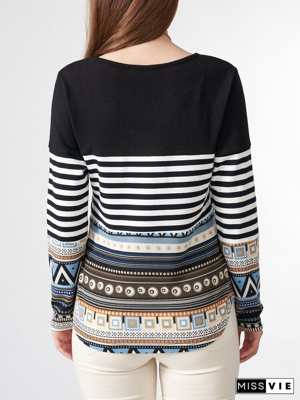 Stripe Tribal Pattern Long Sleeve Crew Neck Casual Sweatshirt