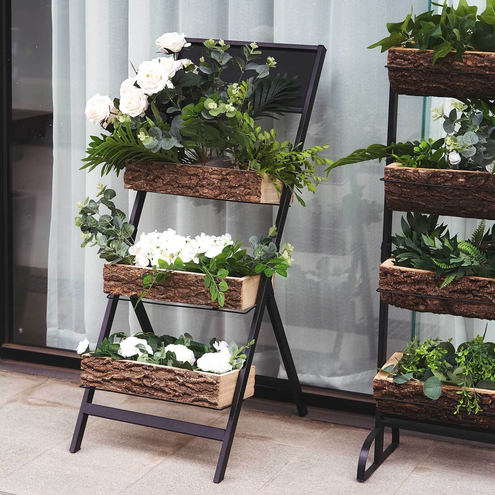 3-Tier Metal Ladder Plant Stand With Natural Wooden Log Planters 42