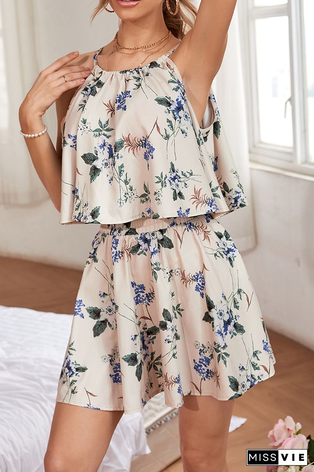 Beige Floral Print Halter Short Jumpsuit Dress Wholesale