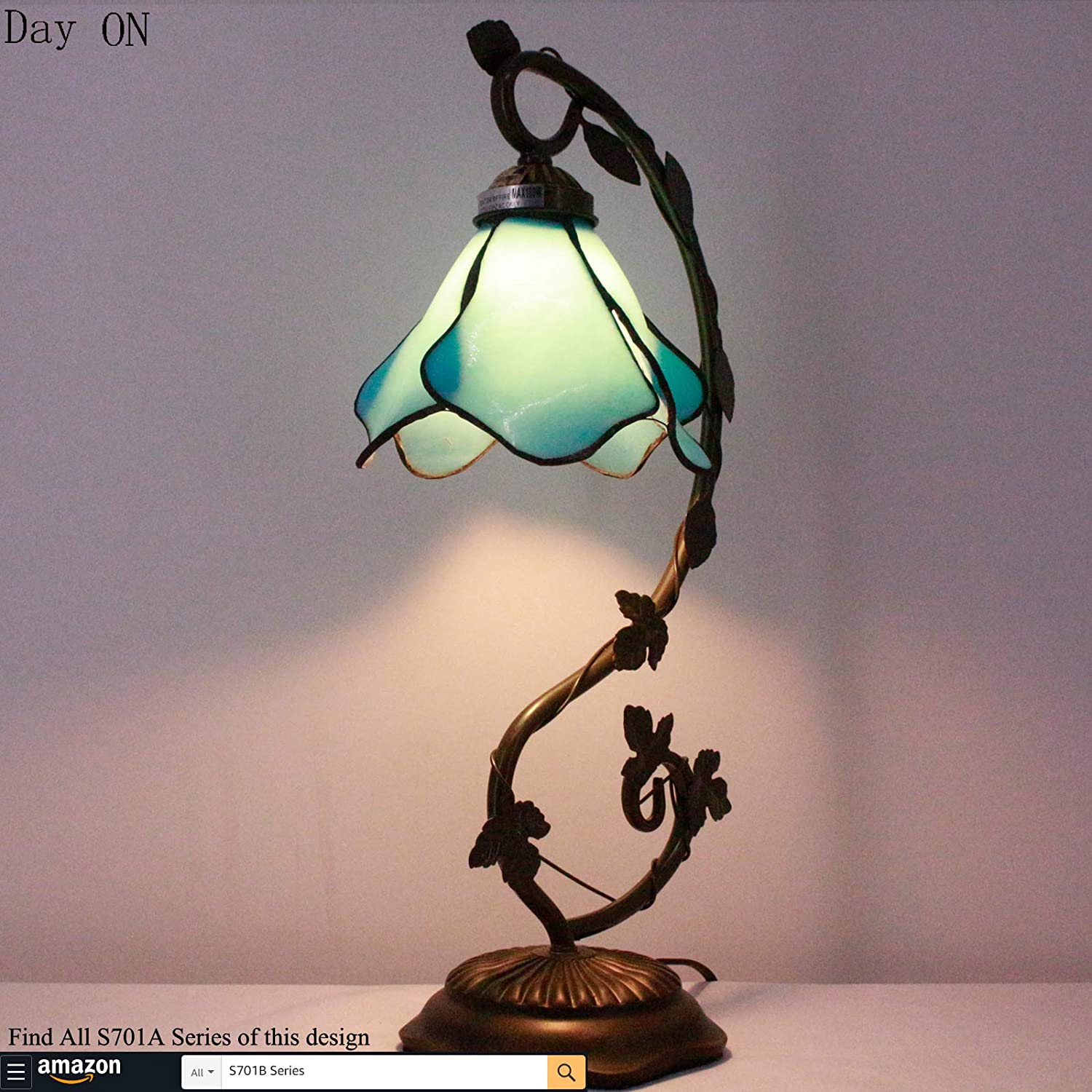 SHADY Tiffany Lamp Blue Stained Glass Table Lamp  Metal Leaf Table Desk Reading Light 8X10X21 Inches Decor Small Space Bedroom Home Office S701 Series