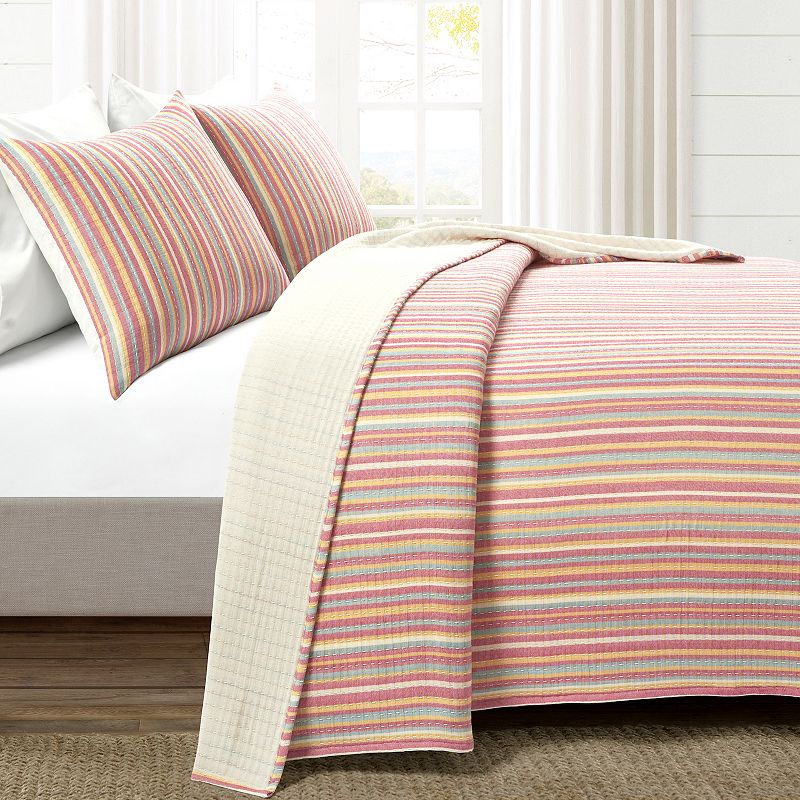 Lush Decor Tracy Stripe Pick stitch Kantha Yarn Dyed Cotton Woven Quilt Set with Shams