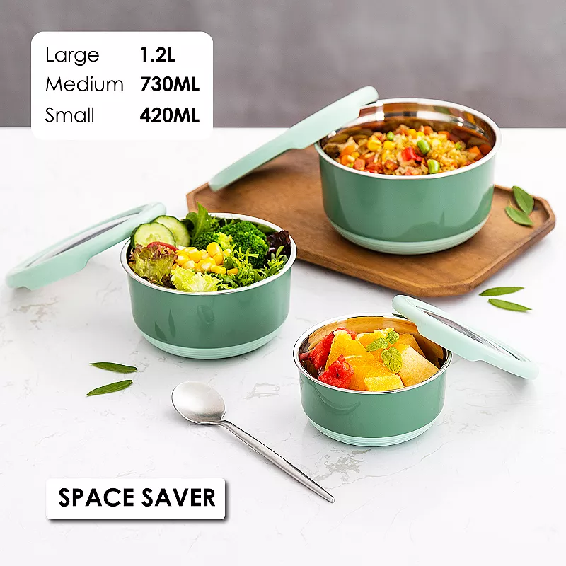 Lille Home Premium Stainless Steel Food Containers/Leakproof Bento Lunch Box With Anti-Slip Exterior， Set of 3， 420ML， 730ML，1.2L