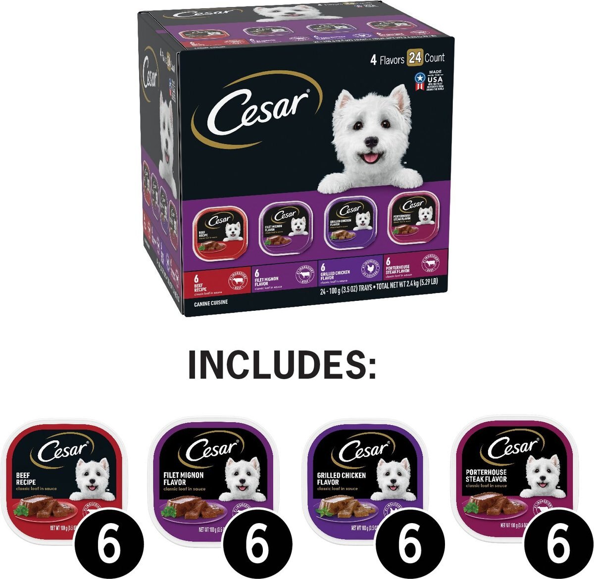 Cesar Classic Loaf in Sauce Beef Recipe， Filet Mignon， Grilled Chicken， and Porterhouse Steak Flavors Variety Pack Dog Food Trays