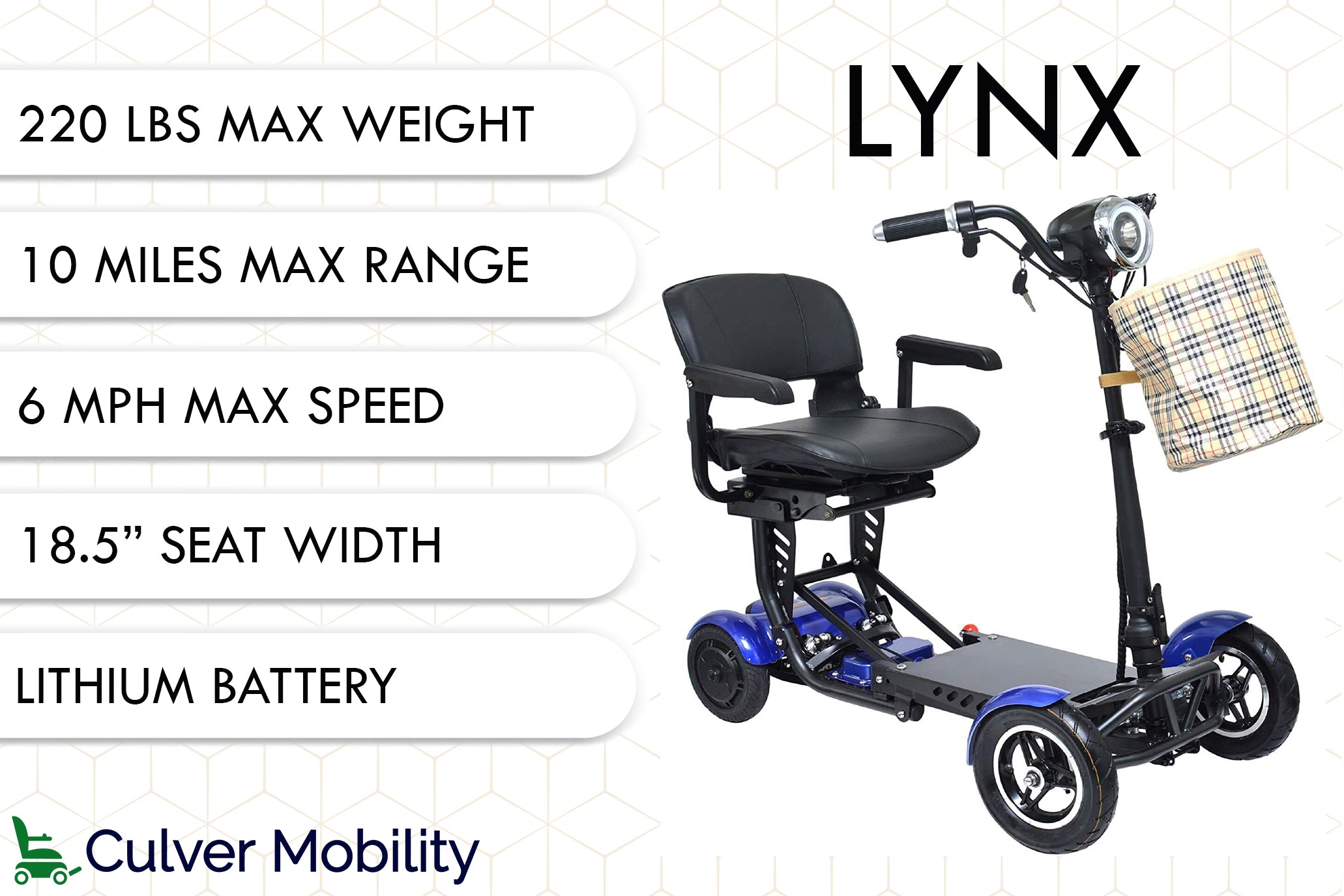 Culver Mobility - LYNX - Foldable 4 Wheel Mobility Scooter for Seniors Battery Powered Weight Capacity 300 lbs - BLUE