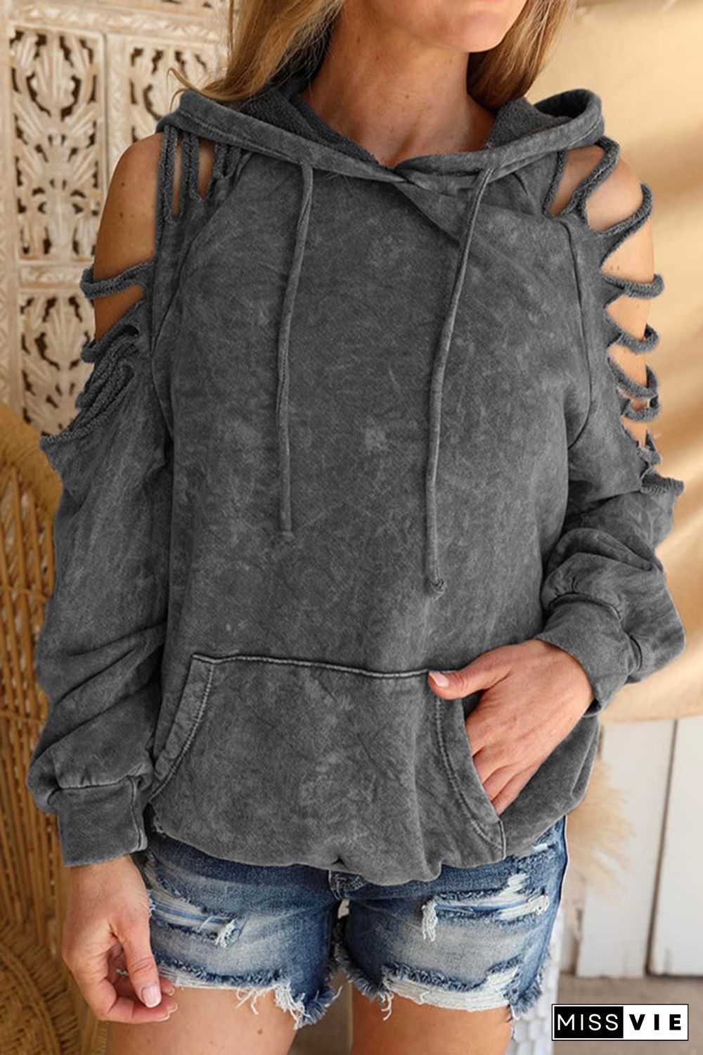 Gray Cut Out Retro Kangaroo Pocketed Pullover Hoodie