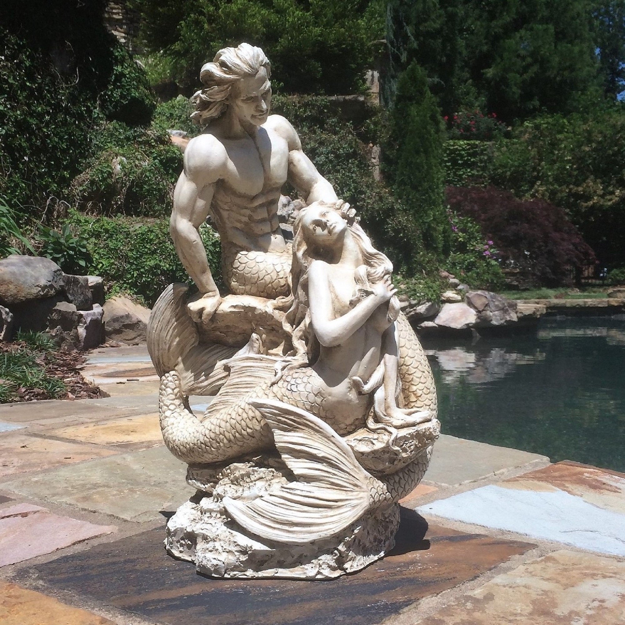 Homestyles 18 in. Sexy Merman & Mermaid on the Oceans Rock in Antique White Finish Nautical Garden Beach Statue