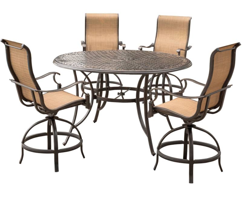 Hanover Manor 5-Piece Outdoor Dining Set In Tan/Bronze With 4 Counter-Height Swivel Chairs， 56 Cast-Top Table