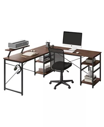 Techni Mobili Wood L-Shape with Storage Shelves Industrial Desk