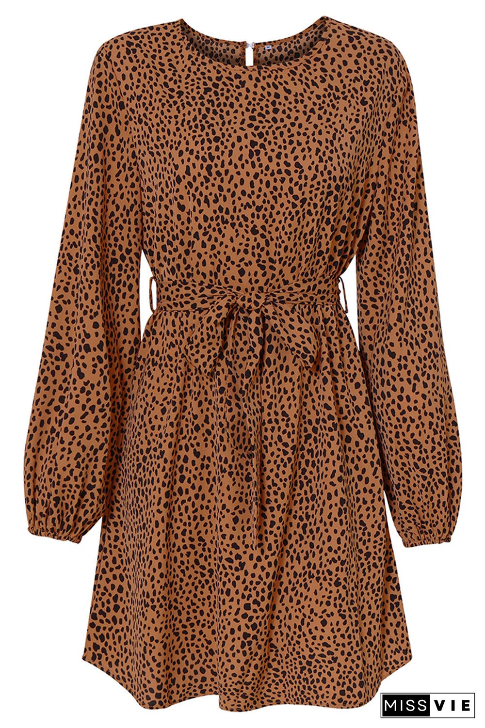 Leopard Print Waist Belt Long Sleeves Mini Dress