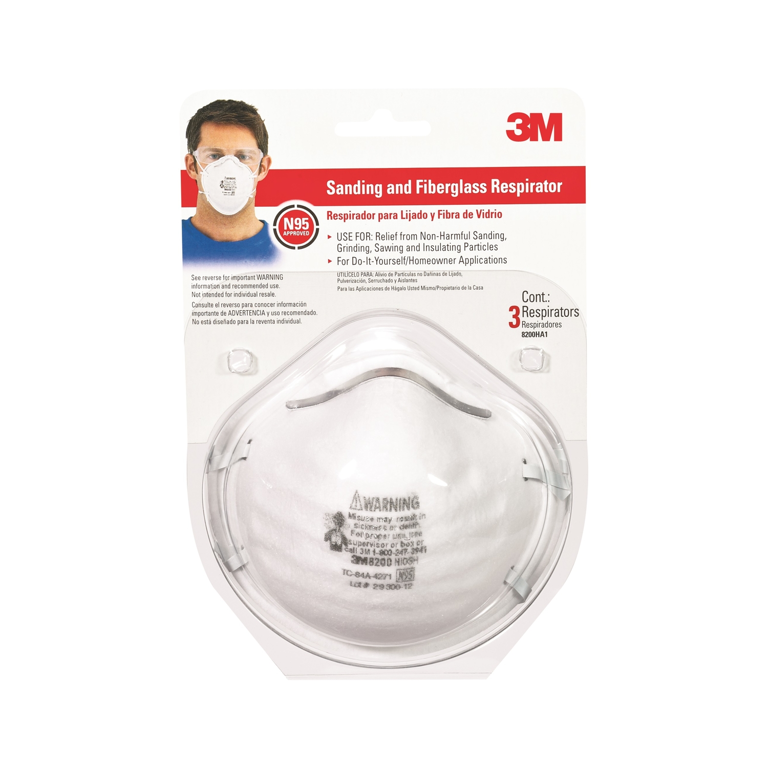 3M N95 Sanding and Fiberglass Cup Disposable Respirator 8200 White 3 pk