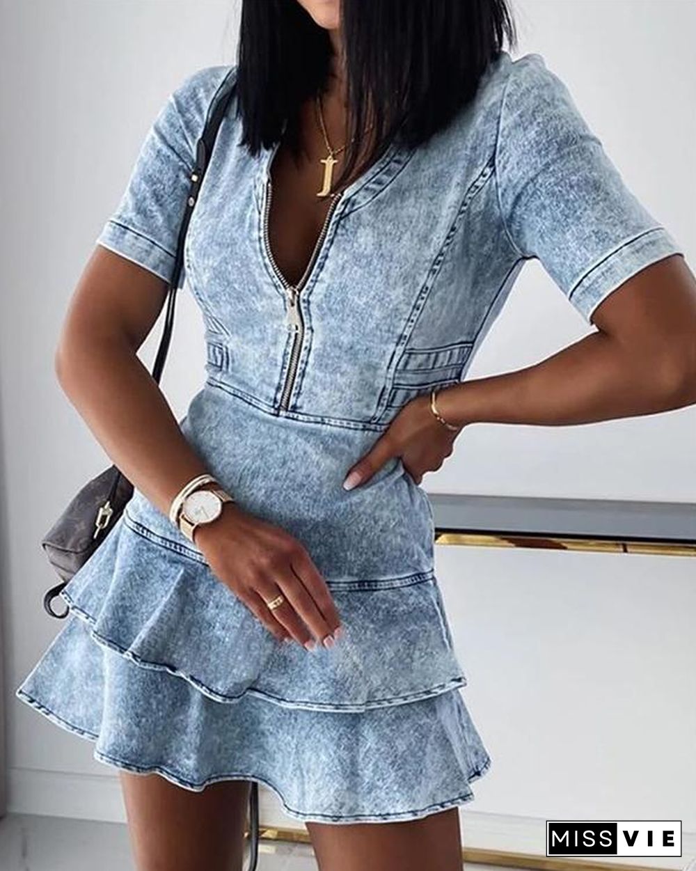 V-Neck Above Knee Short Sleeve Summer Pullover Dress