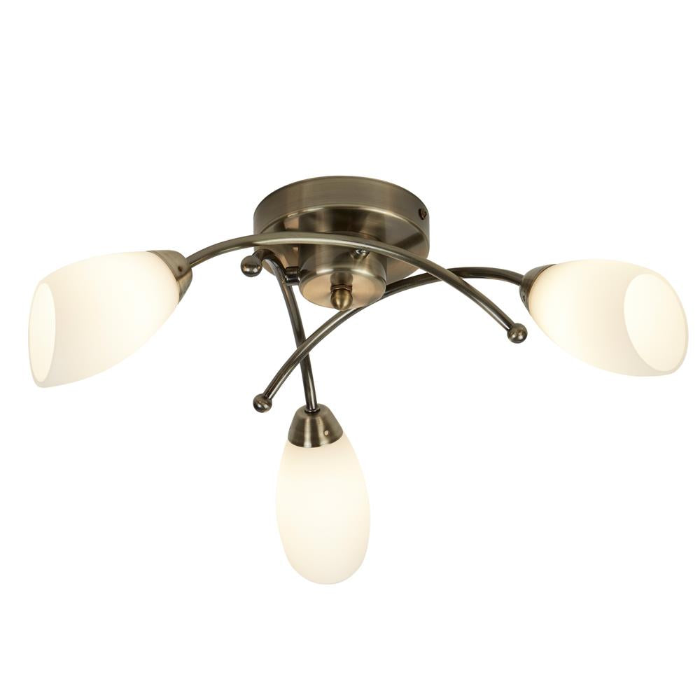 Searchlight 8183-3AB Opera Antique Brass 3 Lamp Semi Flush Light with Opal Glass Shades