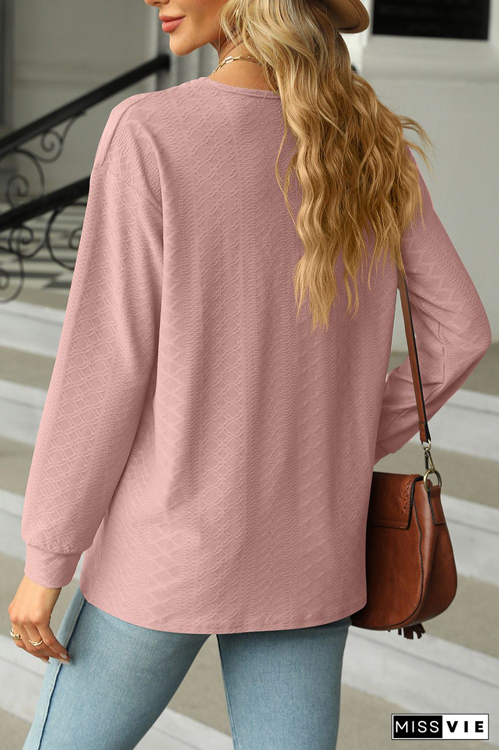 Jacquard Button Front V Neck Blouse