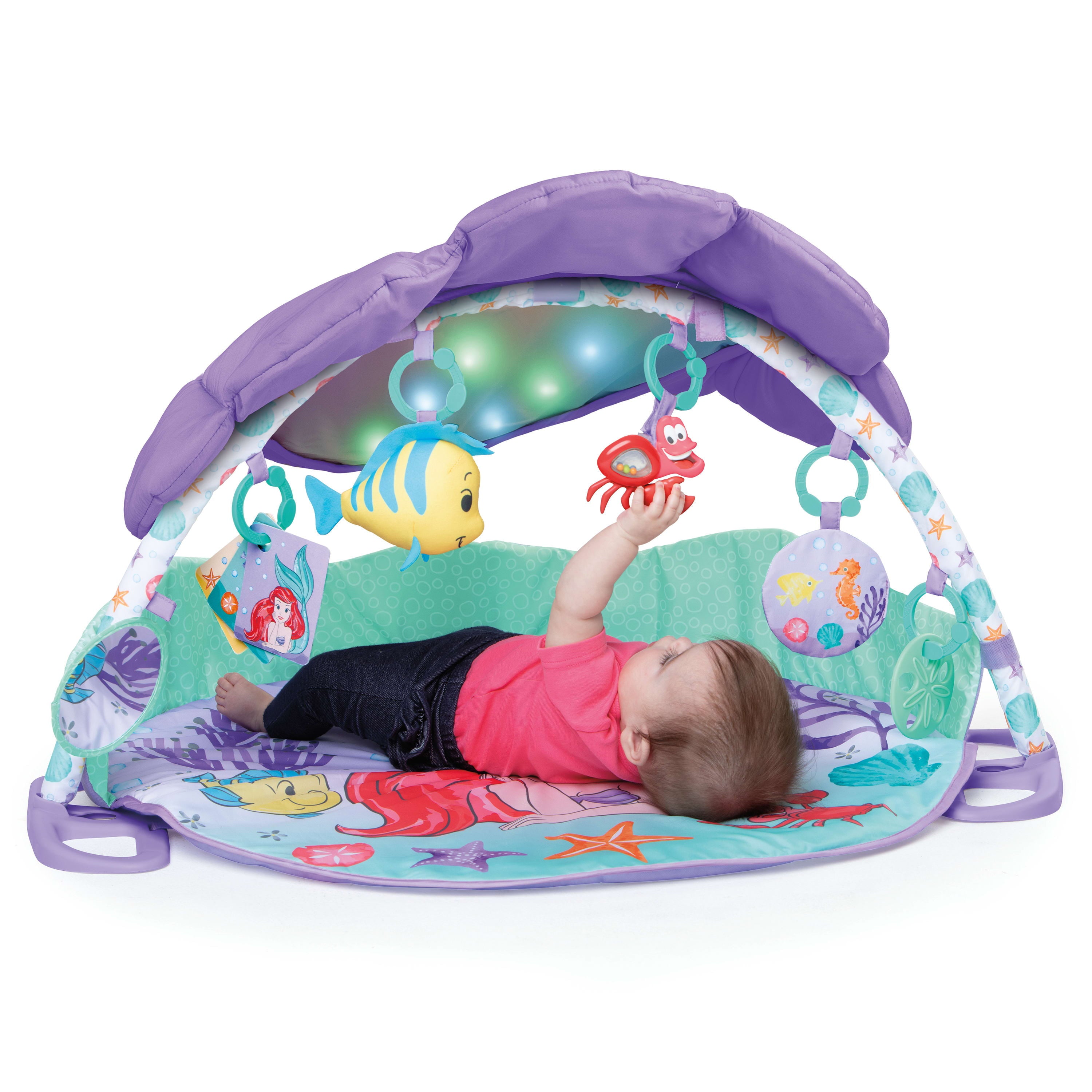 Bright Starts The Little Mermaid Twinkle Trove Light-Up Musical Baby Activity Gym with Tummy Time Pillow， Newborn+