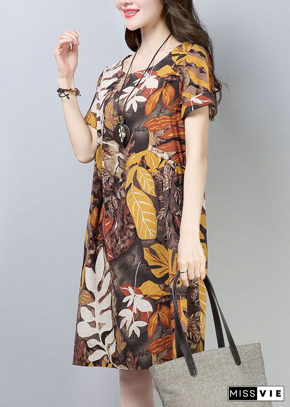 Italian Chocolate O-Neck Leaf Print Cotton Party Dress Short Sleeve