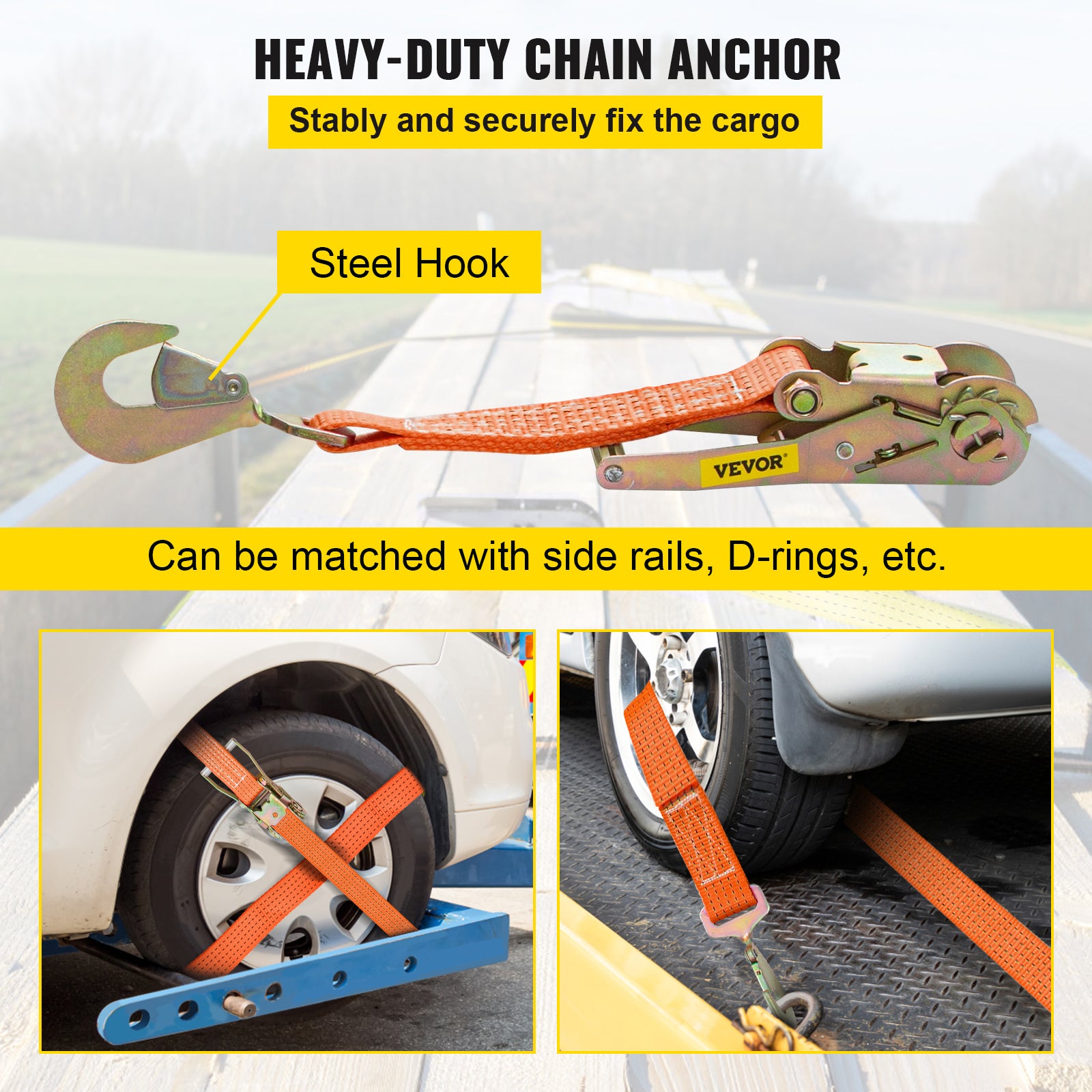 VEVOR Ratchet Tie Down Strap, 15.6ft x 2in Polyester Ratchet Strap 4000 lbs Working Load, 12 PCs Heavy Duty Car Strap w/ Double Hooks, Car Tie Down Strap with Chain Anchors, Security Fastening, Orange