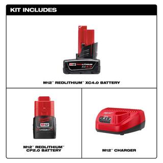 MW M12 12-Volt Lithium-Ion 4.0 Ah and 2.0 Ah Battery Packs and Charger Starter Kit w Compact Inflator 48-59-2424-2475-20