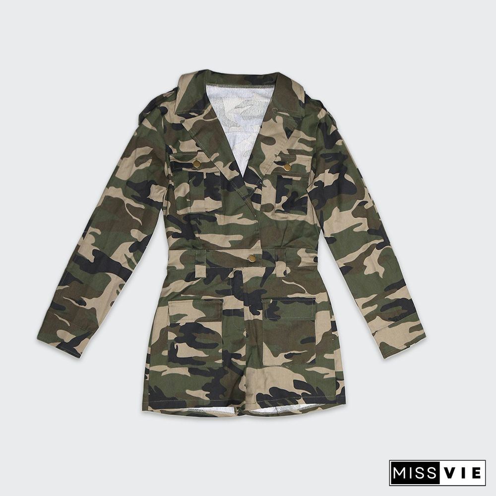 Street Camouflage Print Long Sleeve Cargo Rompers