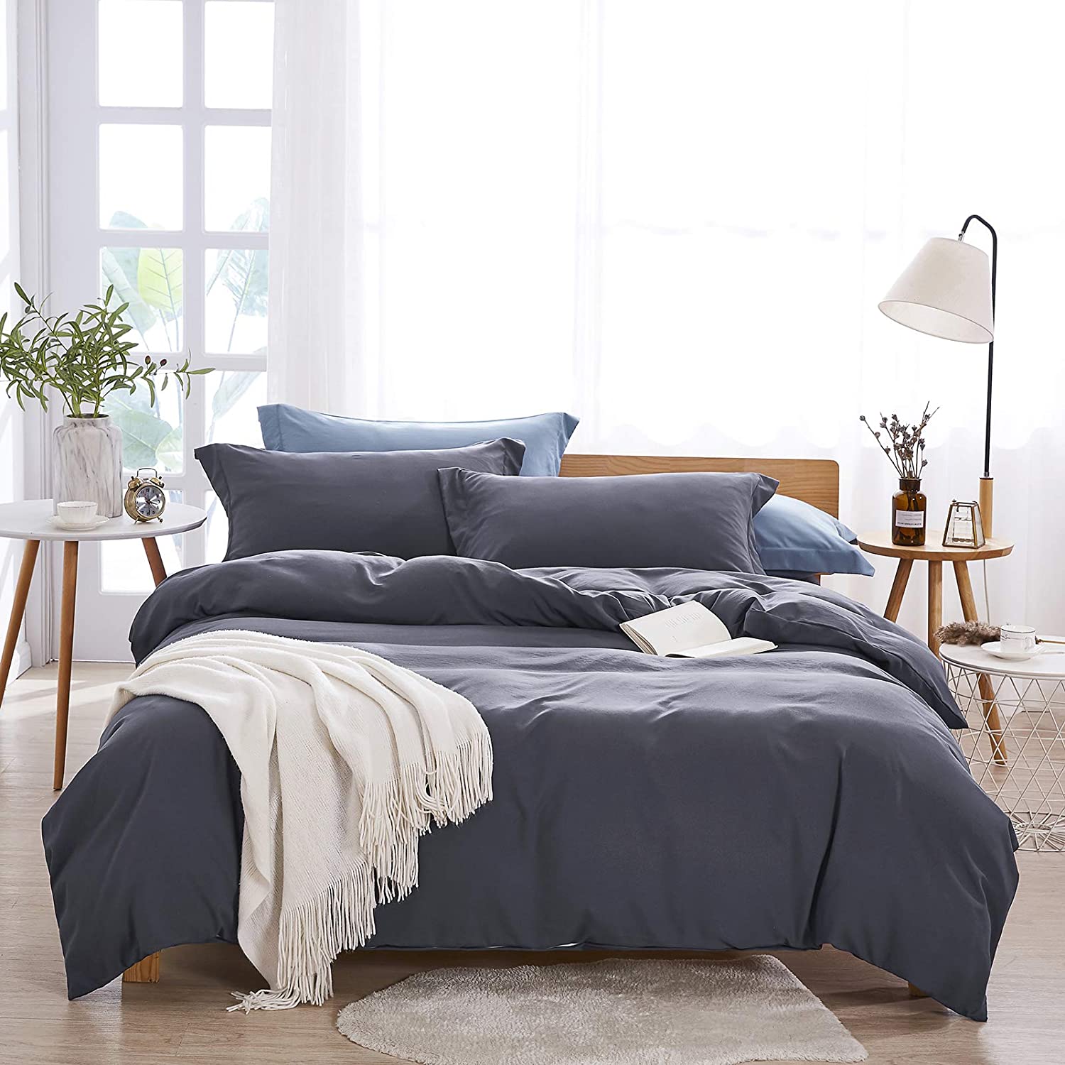 Dreaming Duvet Cover Set 100% Washed Microfiber 3 pcs Solid Color - Soft and Breathable with Zipper Closure & Corner Ties