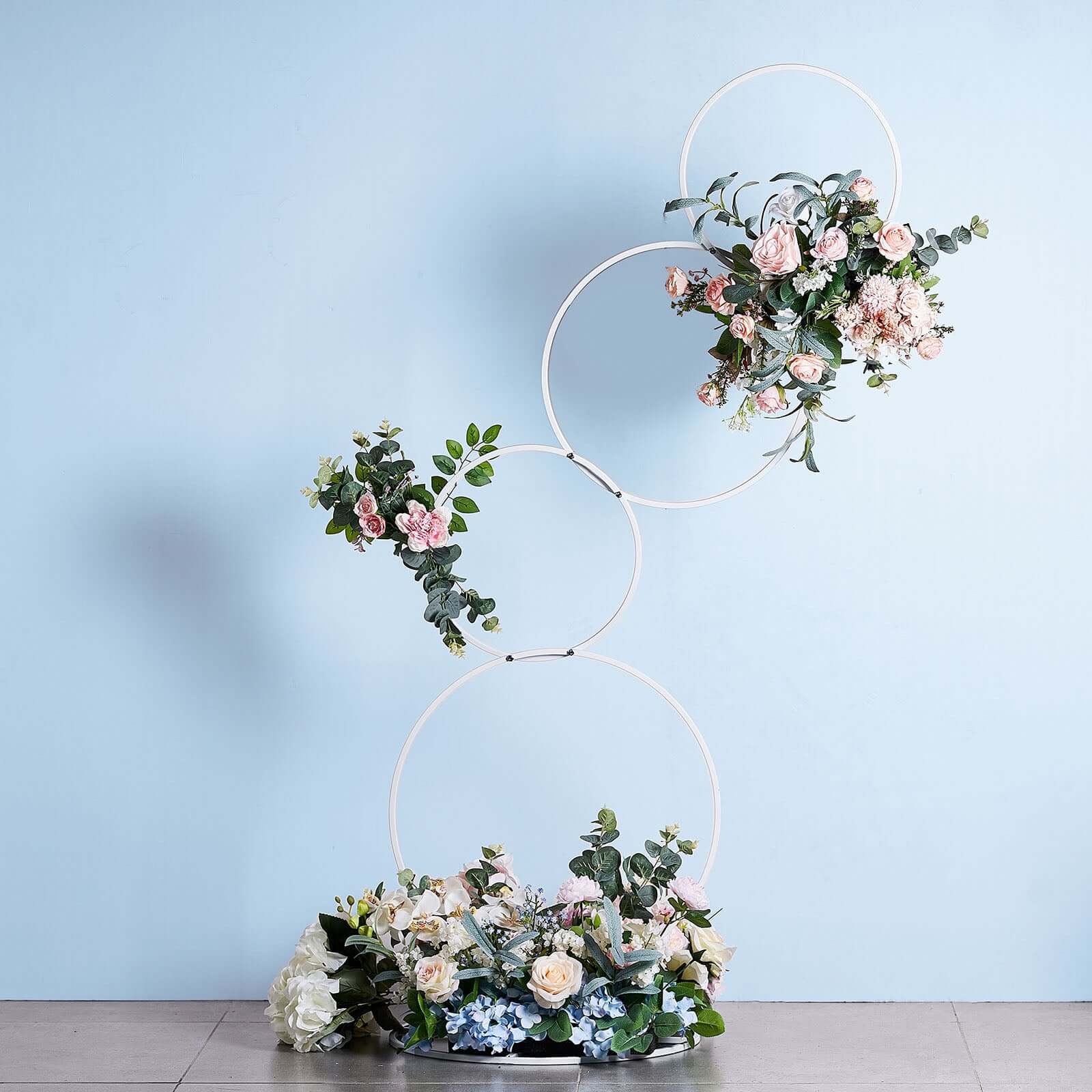 4-Tiered White Hoop Pillar Flower Stand, Metal Wedding Arch Table Centerpiece - Hoop Wreath 5ft