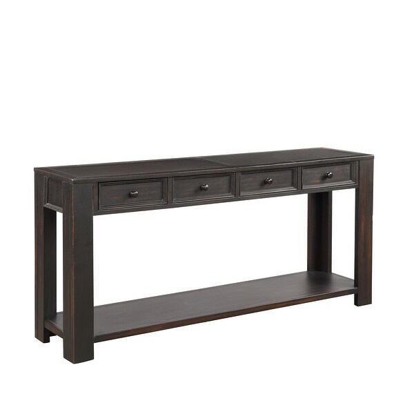 Rectangular Classic Accent Console Table for Entryway Hallway Sofa Table with 4 Storage Drawers and 1 Bottom Shelf， Black