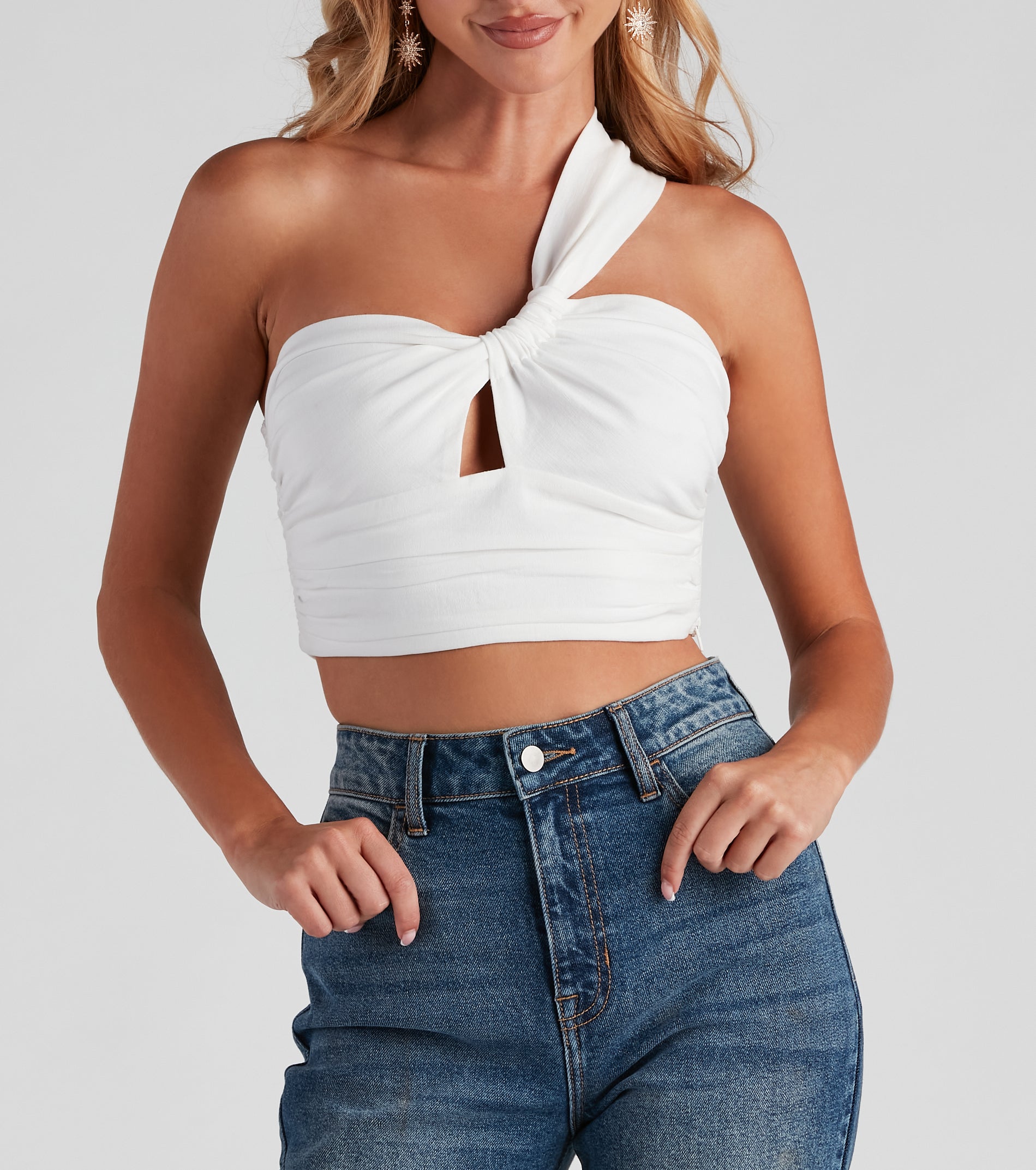 One Sided Linen Ruched Crop Top