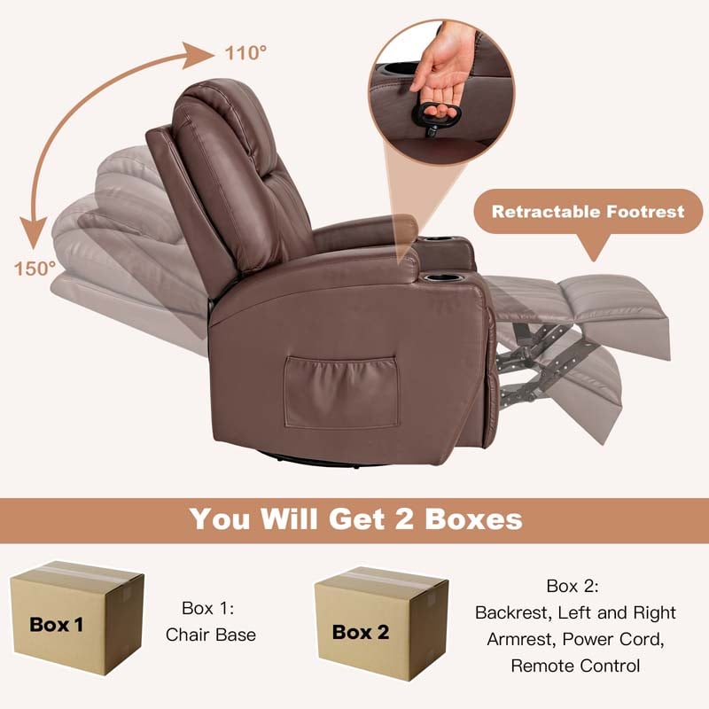 Leather Massage Recliner Chair 360 Degree Swivel Glider Rocker with Lumbar Heating & Remote Control