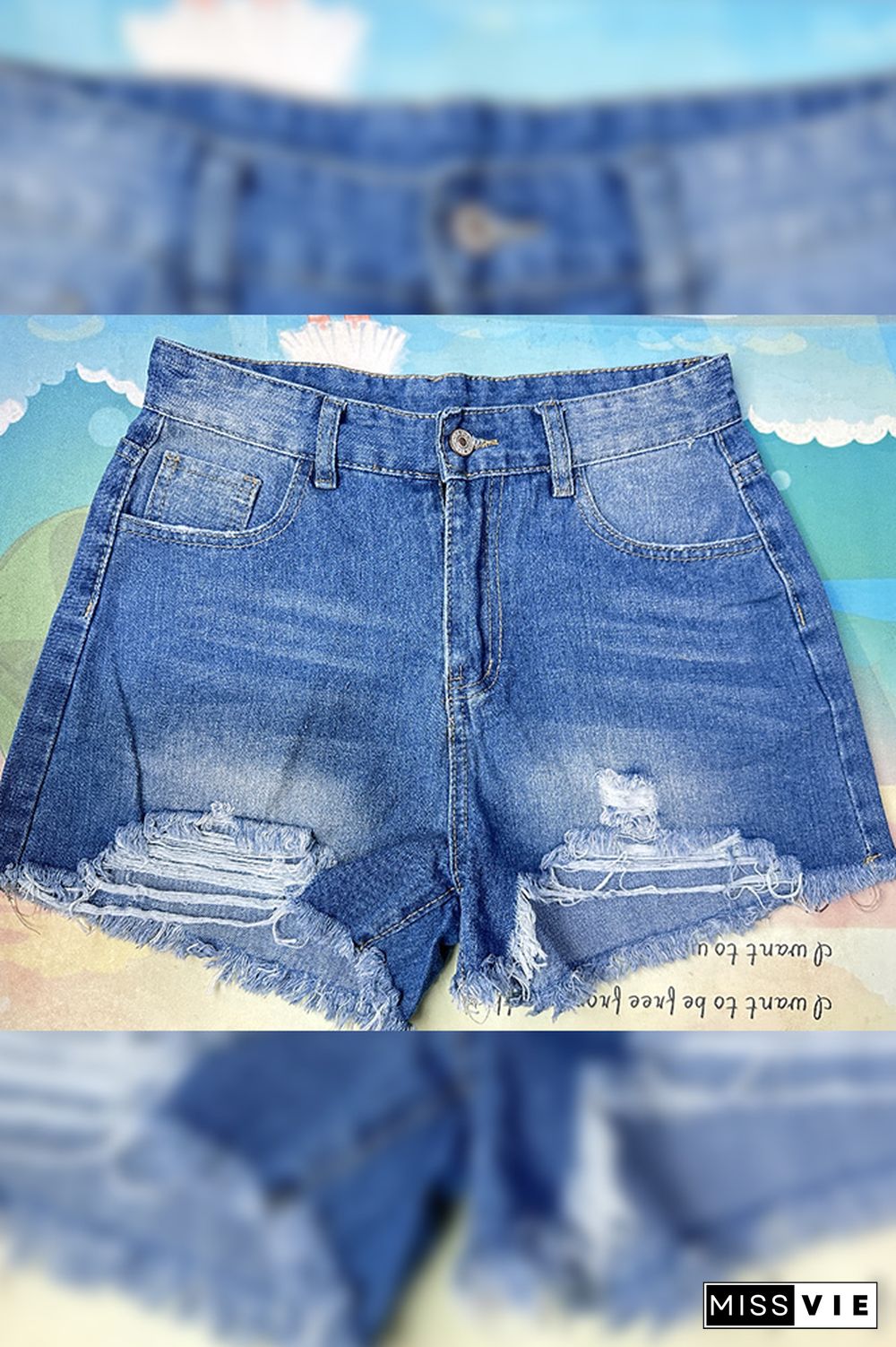 Blue Washed Ripped Denim Shorts