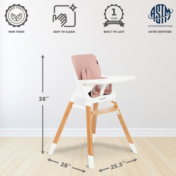 Dream On Me Nibble Wooden Highchair， Compact High Chair， Light Weight， Portable， Pink