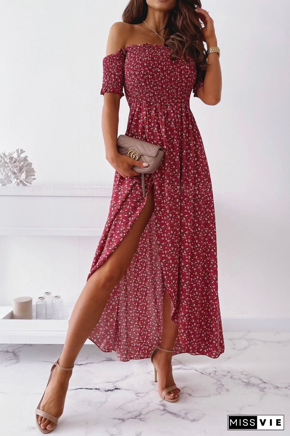 Elegant Floral Slit Fold Off the Shoulder Waist Skirt Dresses