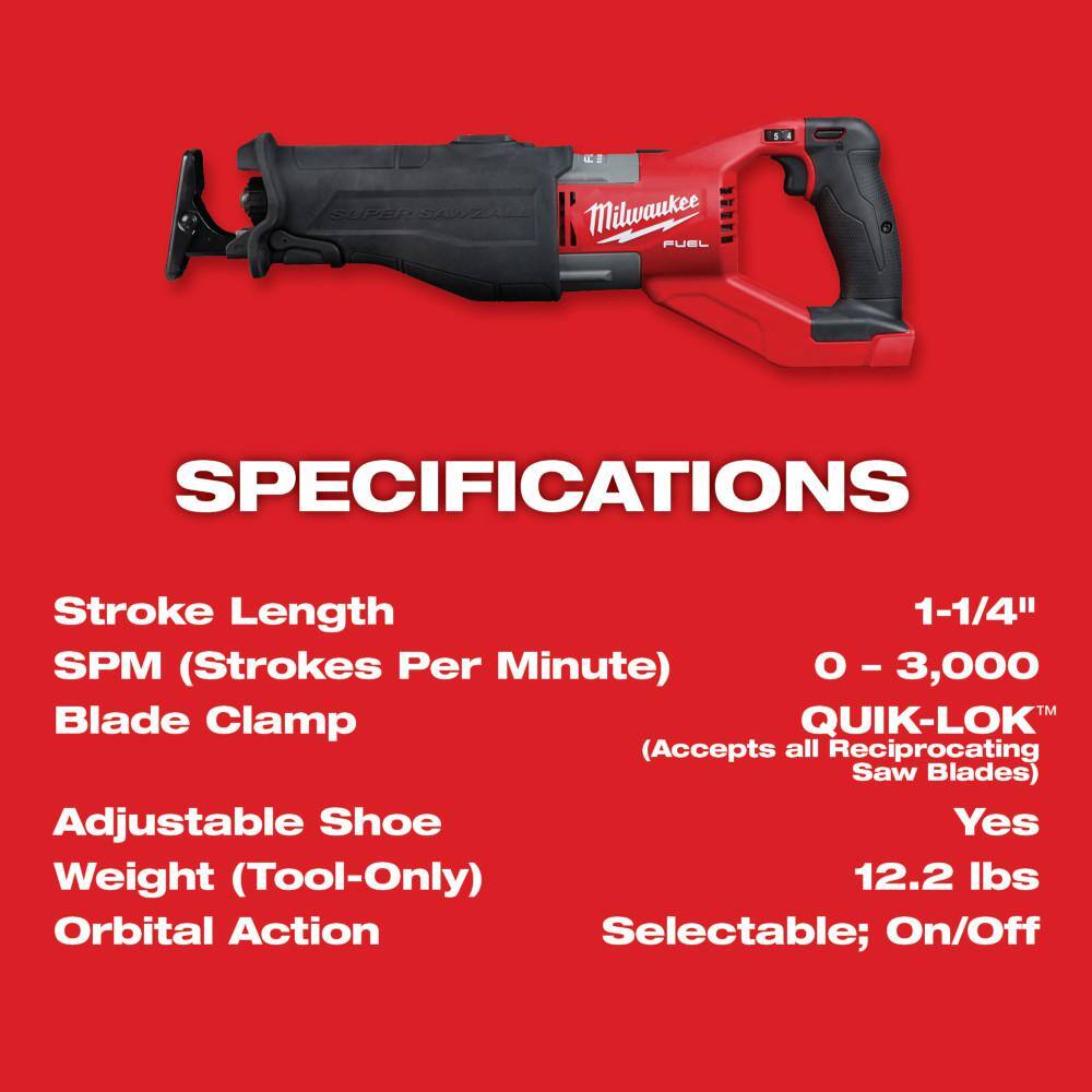 MW M18 FUEL 18V Lithium-Ion Brushless Cordless Super SAWZALL Orbital Reciprocating Saw (Tool-Only) 2722-20