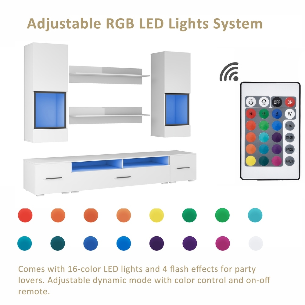 Floating TV Stand with 3 Storage Cabinets   2 Shelves  Modern High Gloss TV Cabinet with 16 Color RGB LED Lights for Living Room