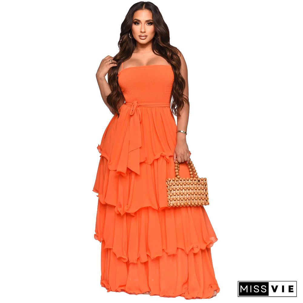 Pre-sale Solid Color Chiffon Layer Ruffle Maxi Dresses