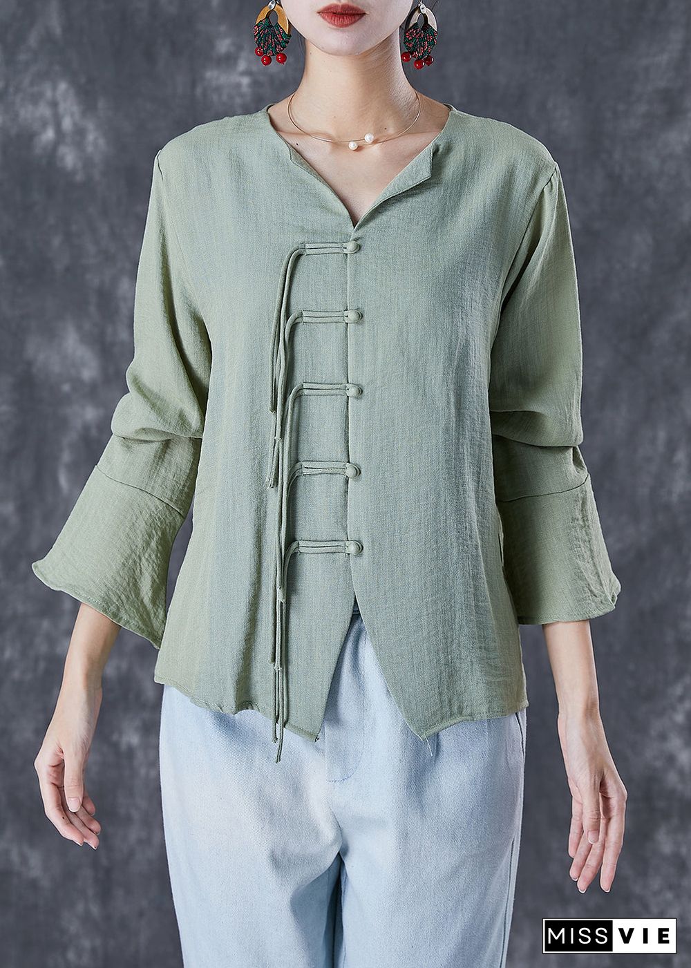 Chinese Style Green Grey Tasseled Linen Shirt Top Flare Sleeve