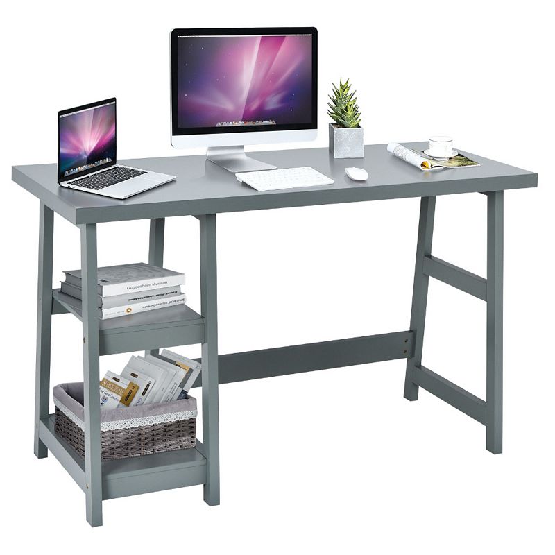 Wooden Trestle Computer Desk With 2-tier Removable Shelves