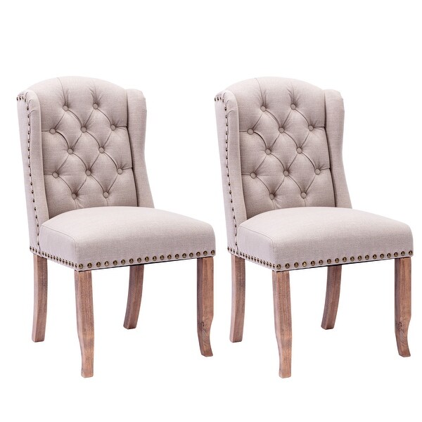 Modern Set of 2 Upholstered Fabric Dining Chairs with Wing Back Tufted Button and Sturdy Wooden Legs Suitable for Dining Room