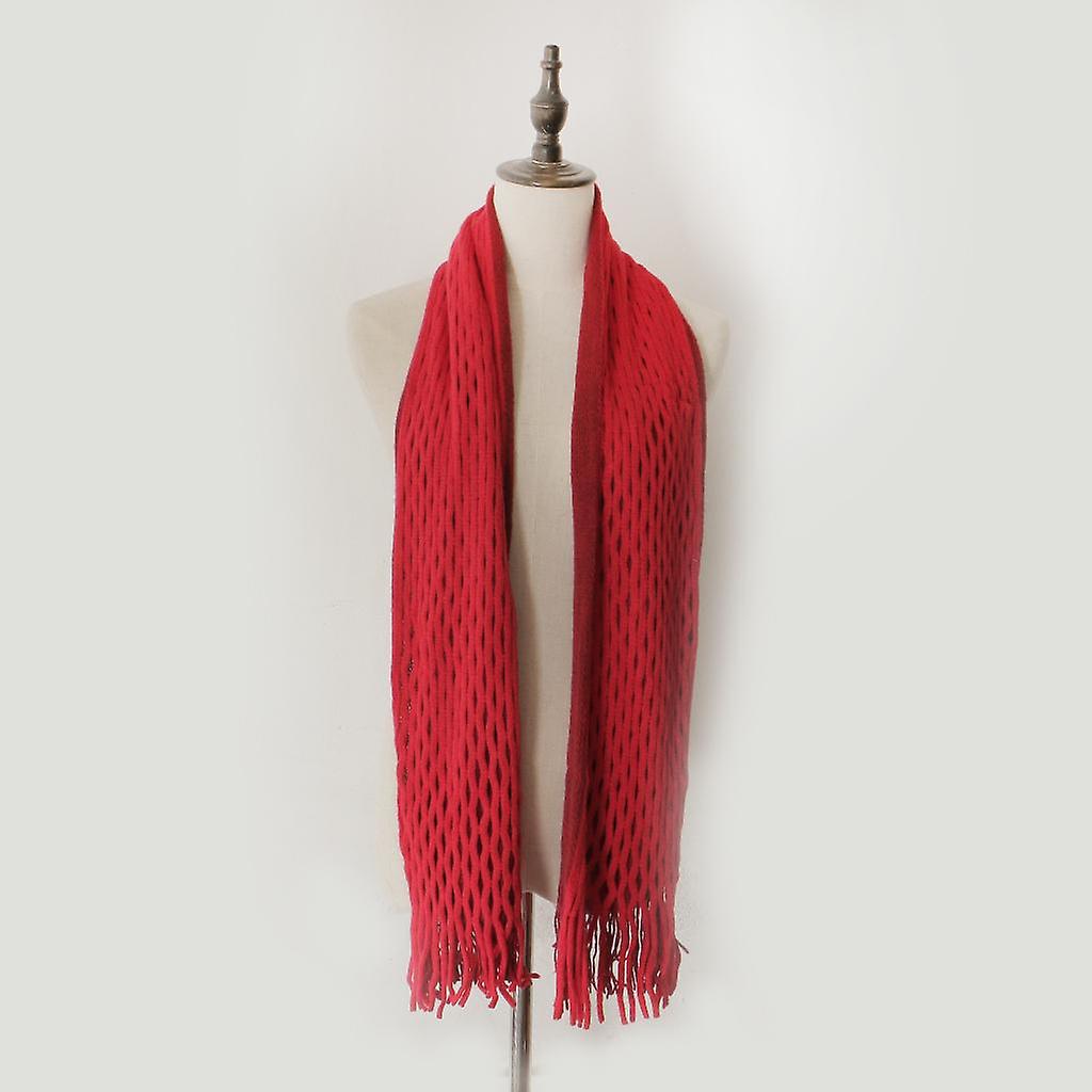 Woman Warm Chic Fringe Scarf Hollow Out Tassels Knitting Knit - Red