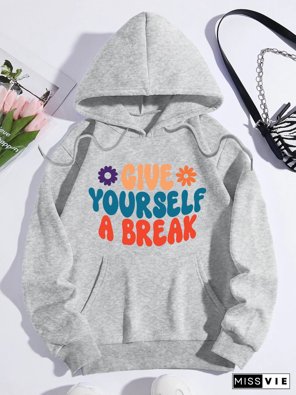 Printed on front Kangaroo Pocket Hoodie Long Sleeve for Women Pattern give yourself a break