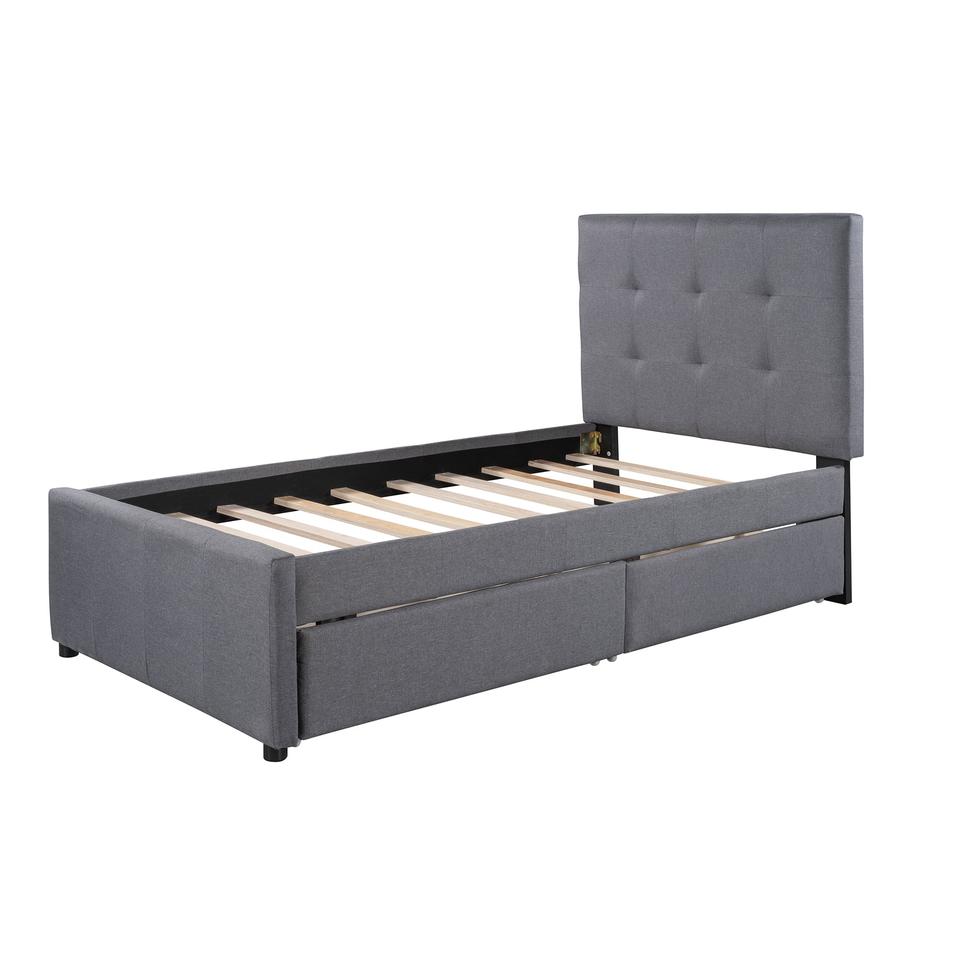 Twin Upholstered Platform Bed with 2 Storage Drawers for Kids, Gray