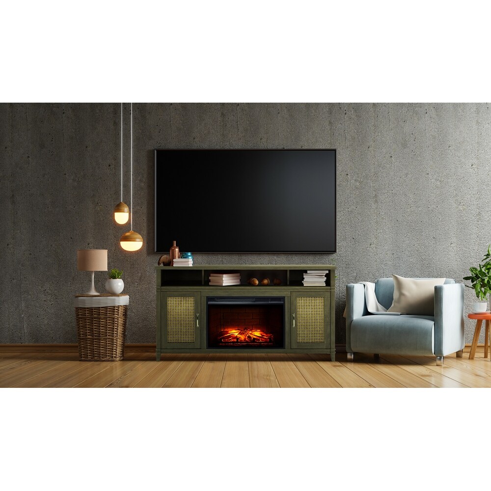 Pleasant Hearth Tahoe 60 in. ITV Stand with Electric Fireplace Grey Finish with Wicker Doors   60\