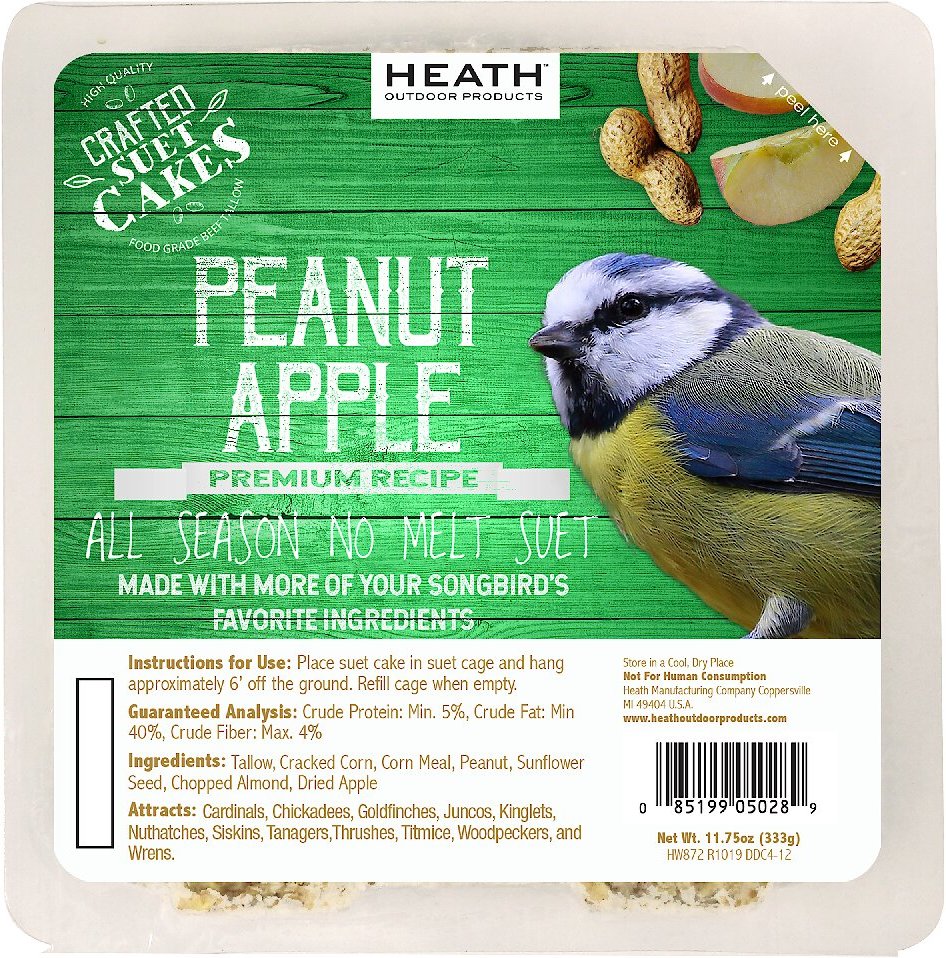 Heath Crafted Suet Cakes Peanut Apple Wild Bird Food， 11.75-oz， case of 12