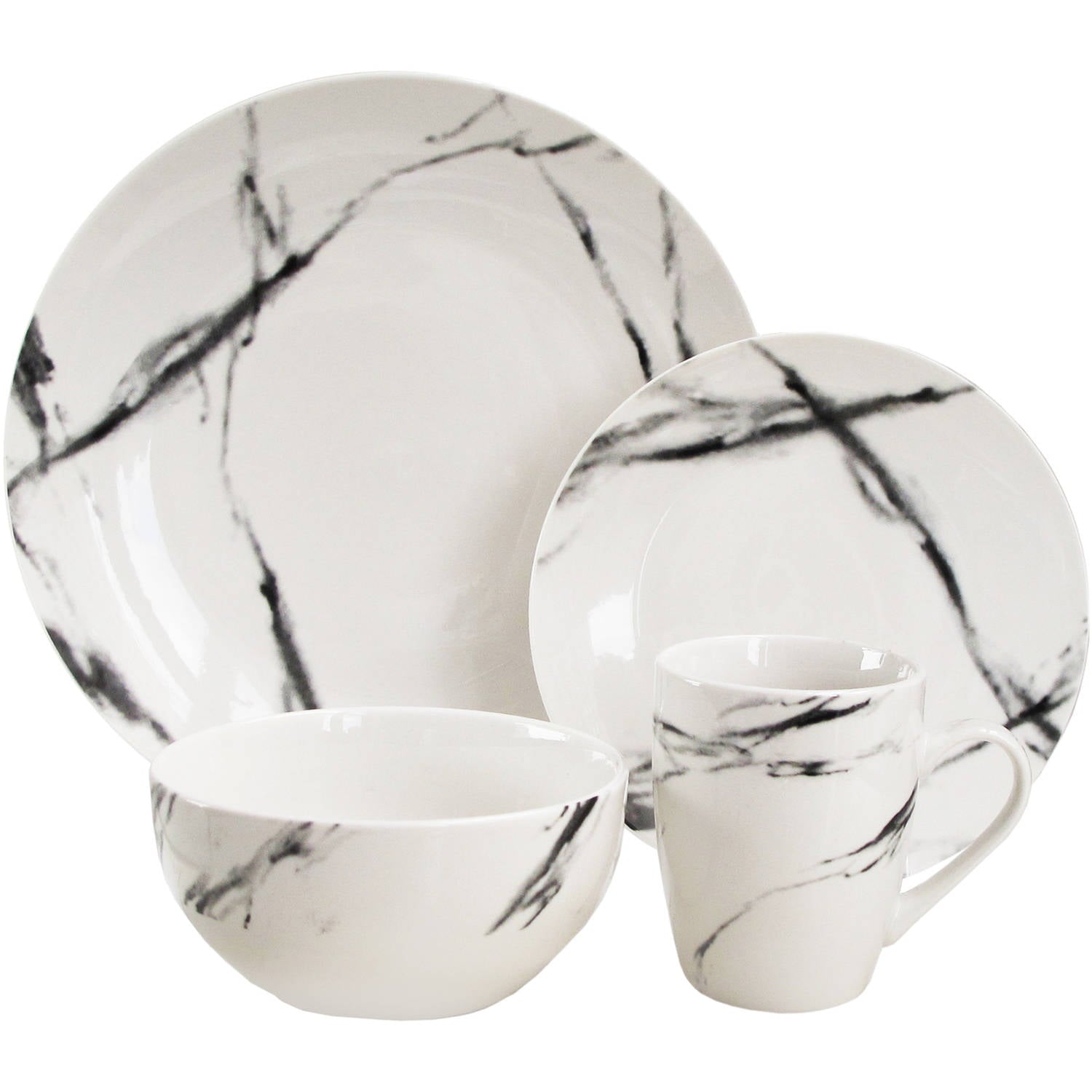 American Atelier Marble Black Coup Casual Round Porcelain Dinnerware Set-16 Piece Party Collection w/ 4 Dinner Salad Plates， 4 Bowls and 4 Mugs， 10.5， White