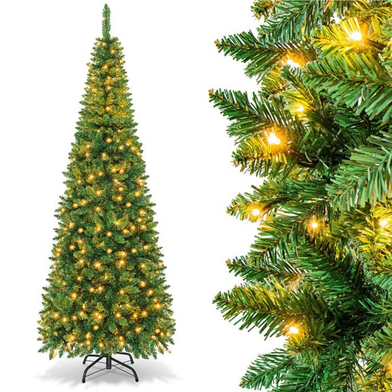 4.5/6.5/7.5FT Pre-Lit Artificial Slim Pencil Christmas Tree with Hinged Branch Tips, LED Lights & Solid Metal Stand